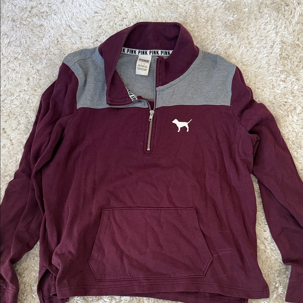 PINK Victoria's Secret Men's Burgundy and Gray Zip-Up Sweater
